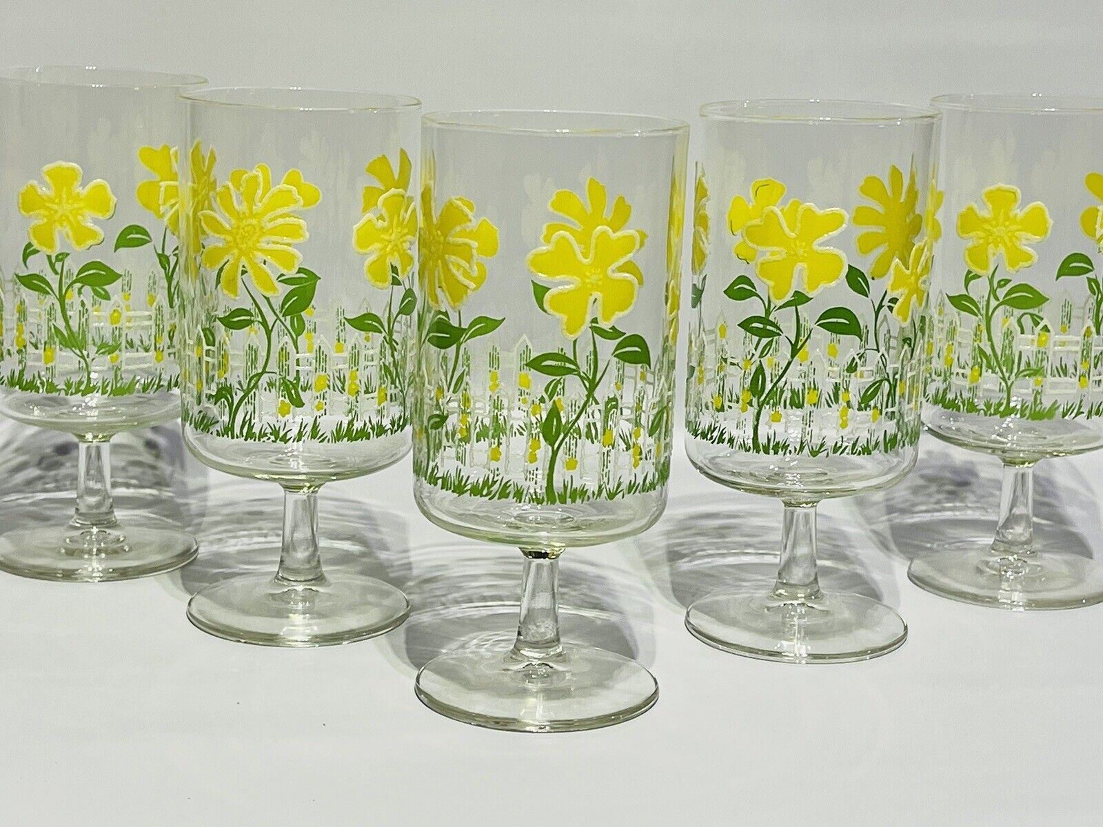 Vtg 1960\'s Culver Daisy & Picket Fence Embossed Footed Glasses 14oz Set Of 6