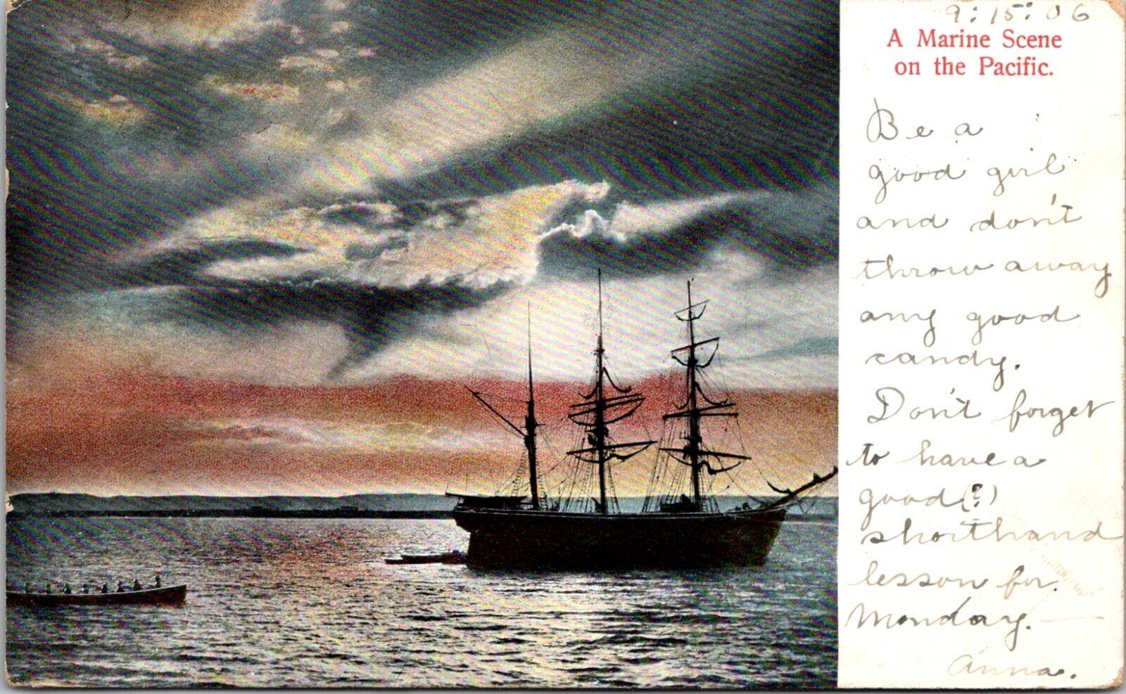 Marine Scene on the Pacific Masted Ship Whaler Rowboat c1900s 1906 Postcard A69
