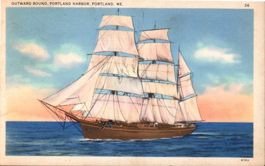 Postcard -Outward Bound Ship, Portland Harbor, Portland Maine Posted 1937 0675