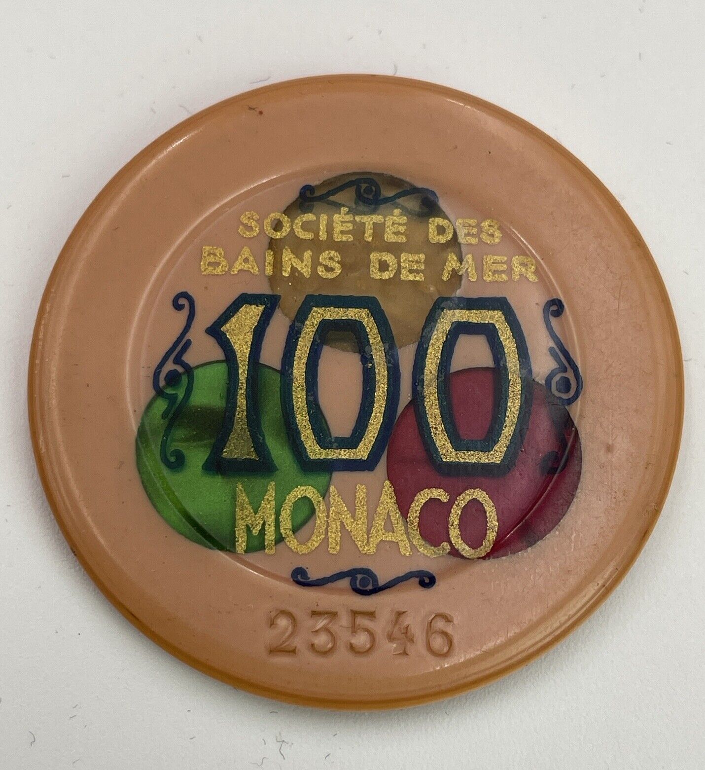 CASINO CHIP MONACO 100 FRANC SOCIETE DES BAINS DE MER PINK/GREEN VINTAGE