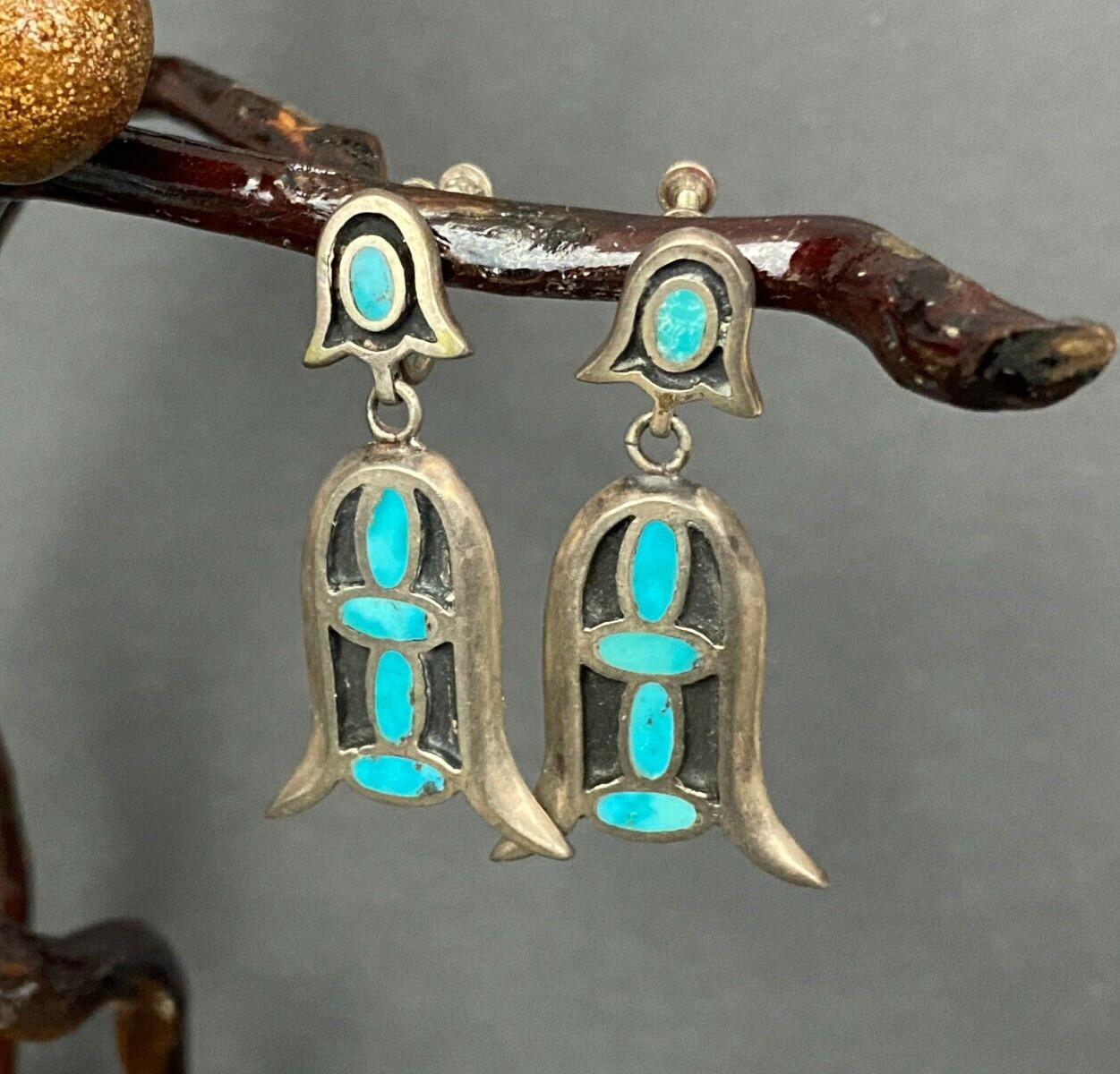 Vintage Zuni Indian Blossom Turquoise Silver Screw Back Dangle Earring