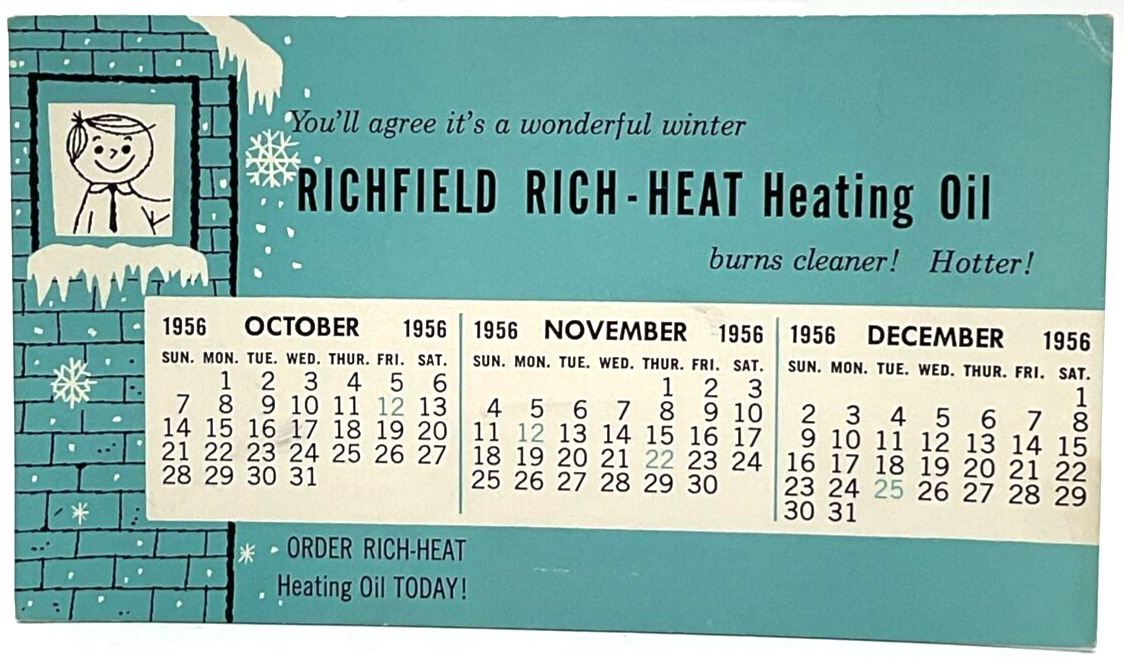 Vintage Richfield Rich-Heat 1956 Calendar Blotter Oil Promo Giveaway Advertising