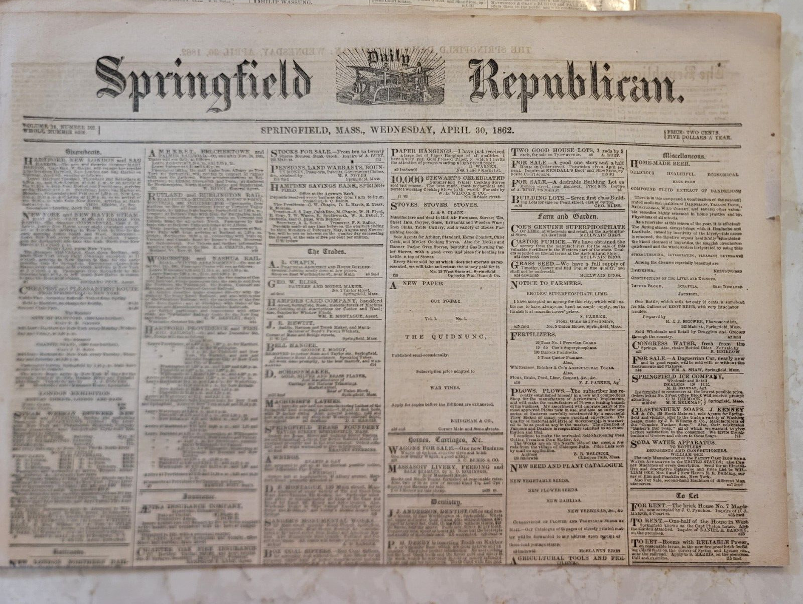 ANTIQUE NEWSPAPER Springfield Republican - 3 DIFFERENT - 1862 (2) & 1863 - #0921