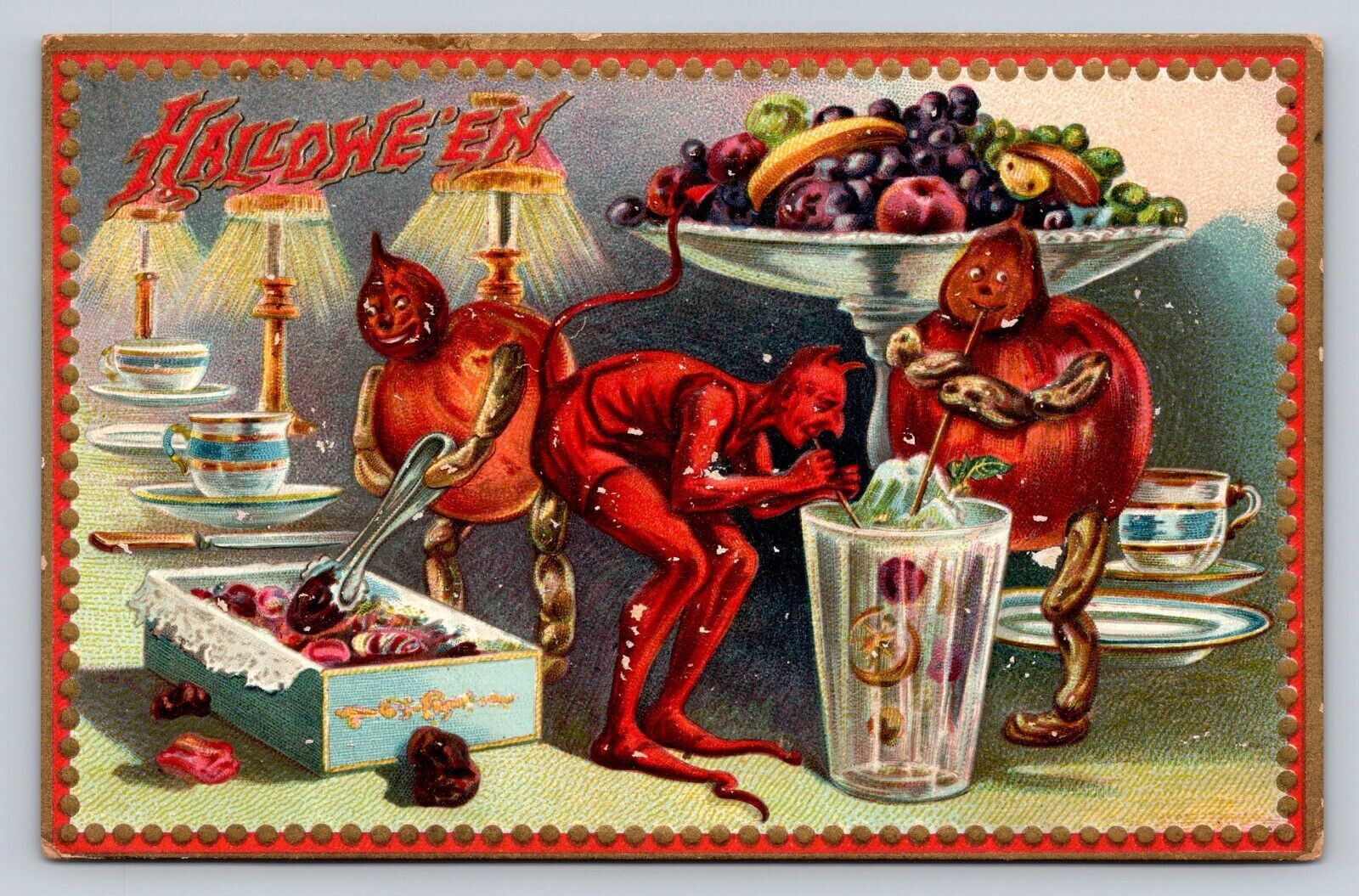 Antique Raphael Tuck & Sons HALLOWEEN PC Mischief Devil Naughty Pumpkins Sweets
