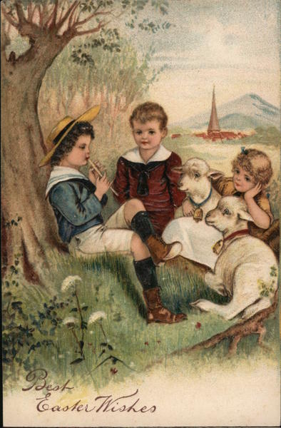 Easter Children Best Easter Wishes-Three Children with Lambs PFB Postcard