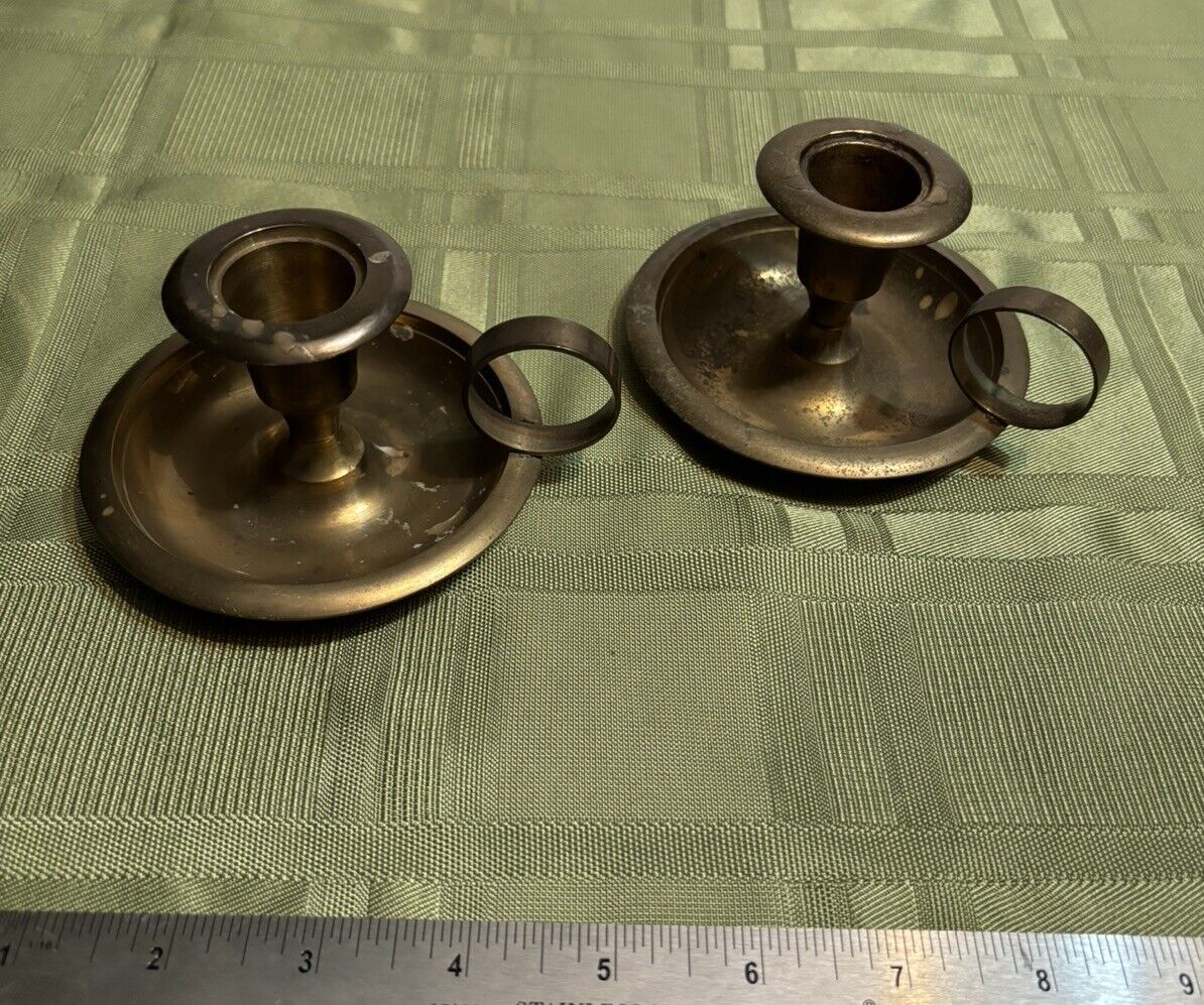2pc Vintage Finger Loop Brass Candle Holders Antique Pair