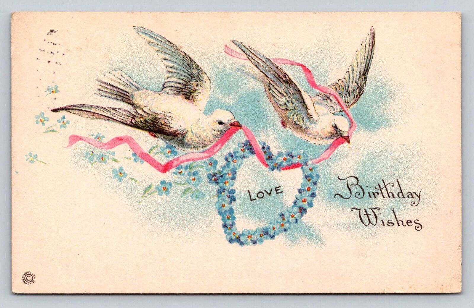 Posted 1924 Ben Franklin 2 Doves Delivering Pink Ribbon Blue Floral Heart Wreath