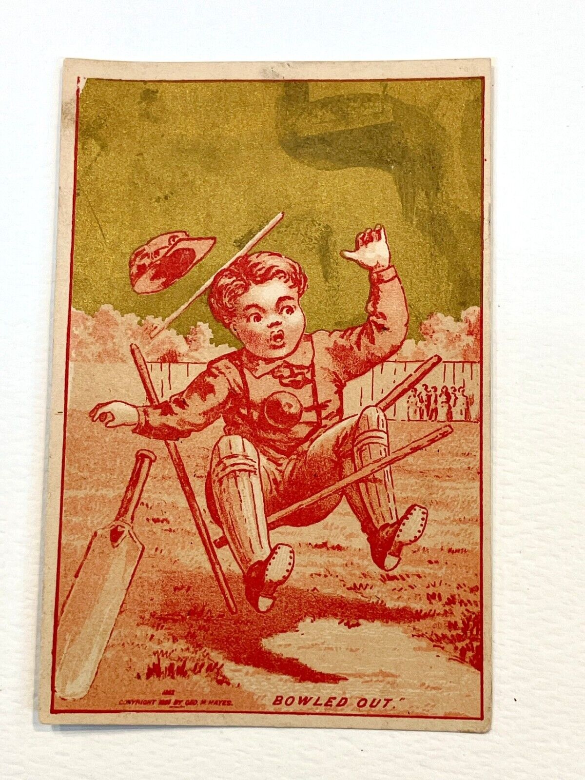 VICTORIAN TRADE CARD GEO. M HAYES 1881 Bowled Out Boy Playing Cricket Sports