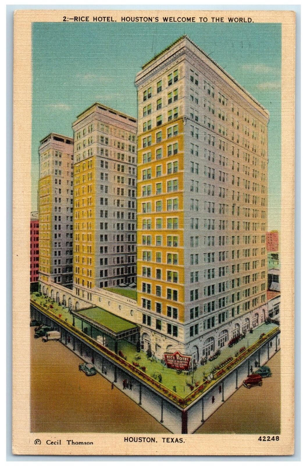 1939 Bird\'s Eye View Of Rice Hotel Exterior Houston Texas TX Posted Car Postcard