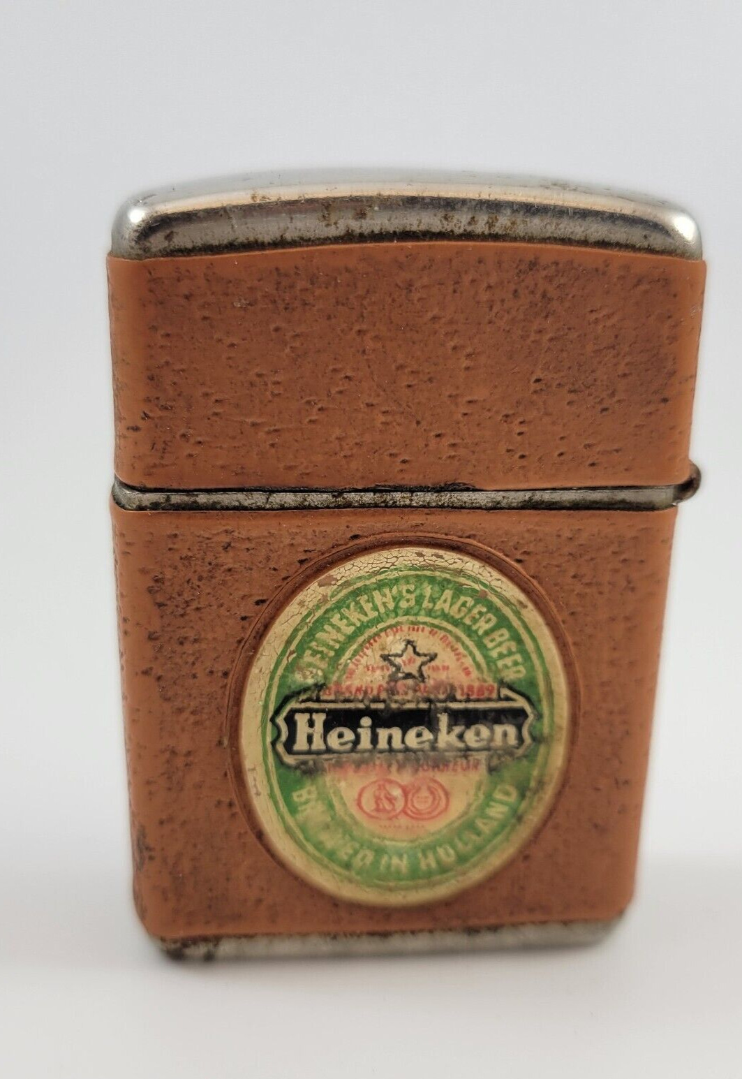 Vintage Heineken Beer Advertising Austria Made Flip Top Lighter Leather