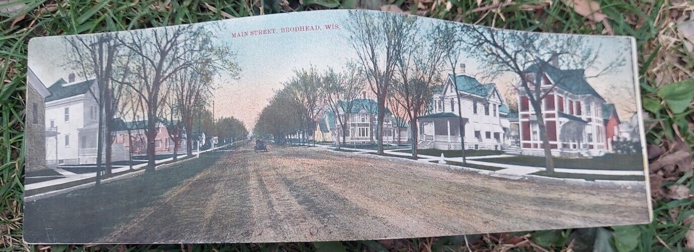 Vtg Double Postcard Extra Long Main Street Brodhead, WI Panorama Illustration