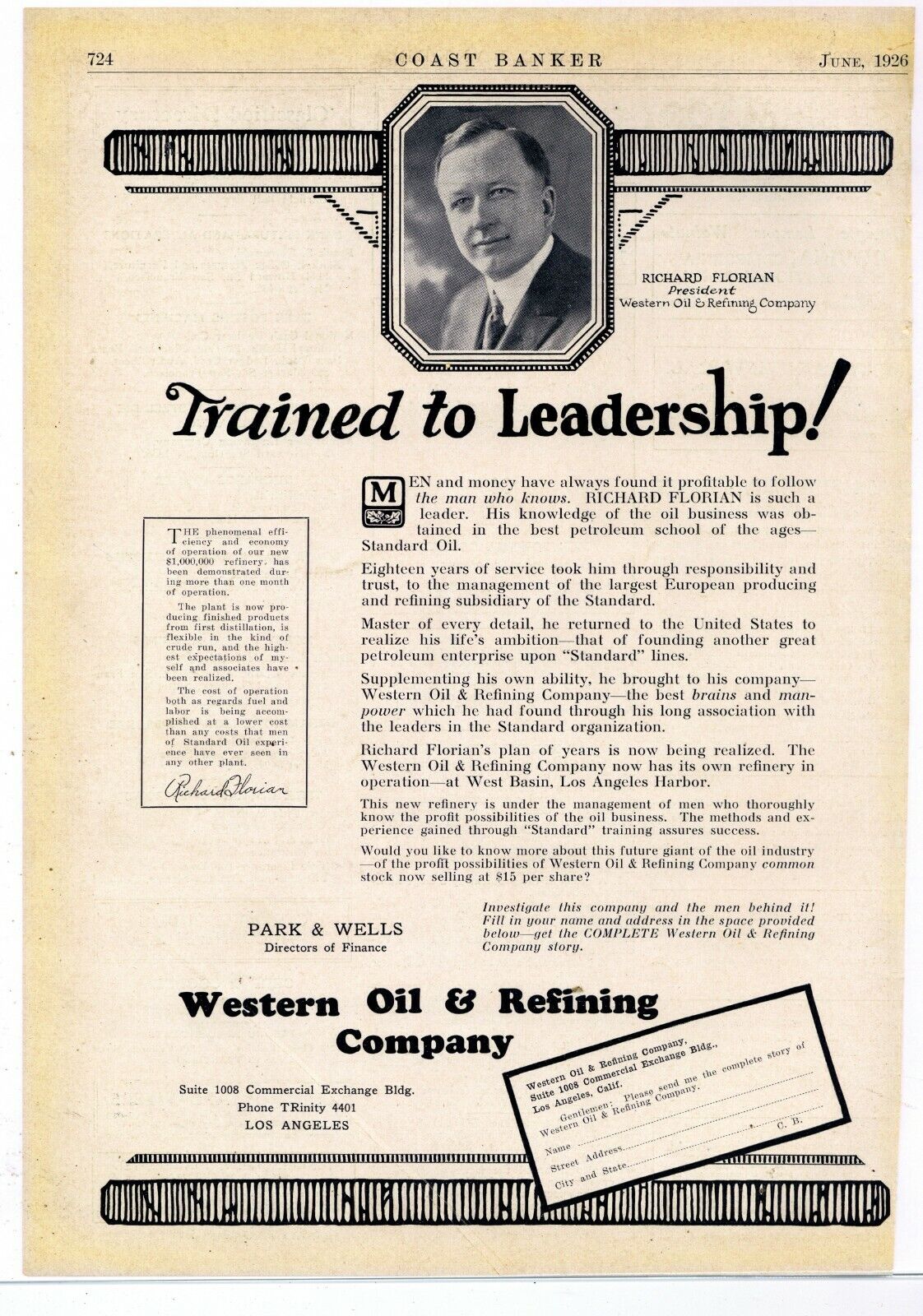 1926 Western Oil & Refining Ad: Richard Florian, President. Picture. Los Angeles