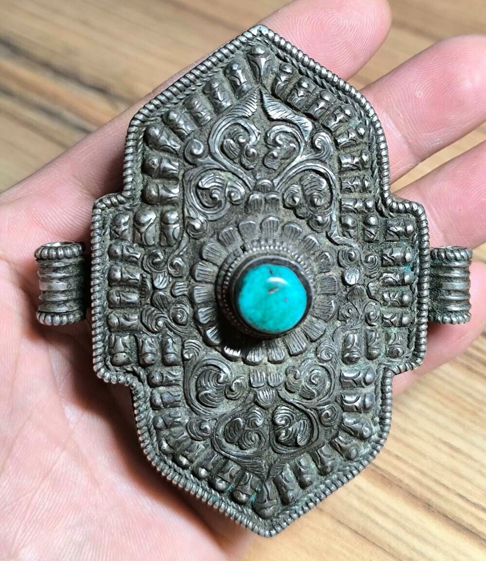Tibet 1800s Old Antique Pure Silver/Copper Turquoise Gau Shrine Niche Box Amulet