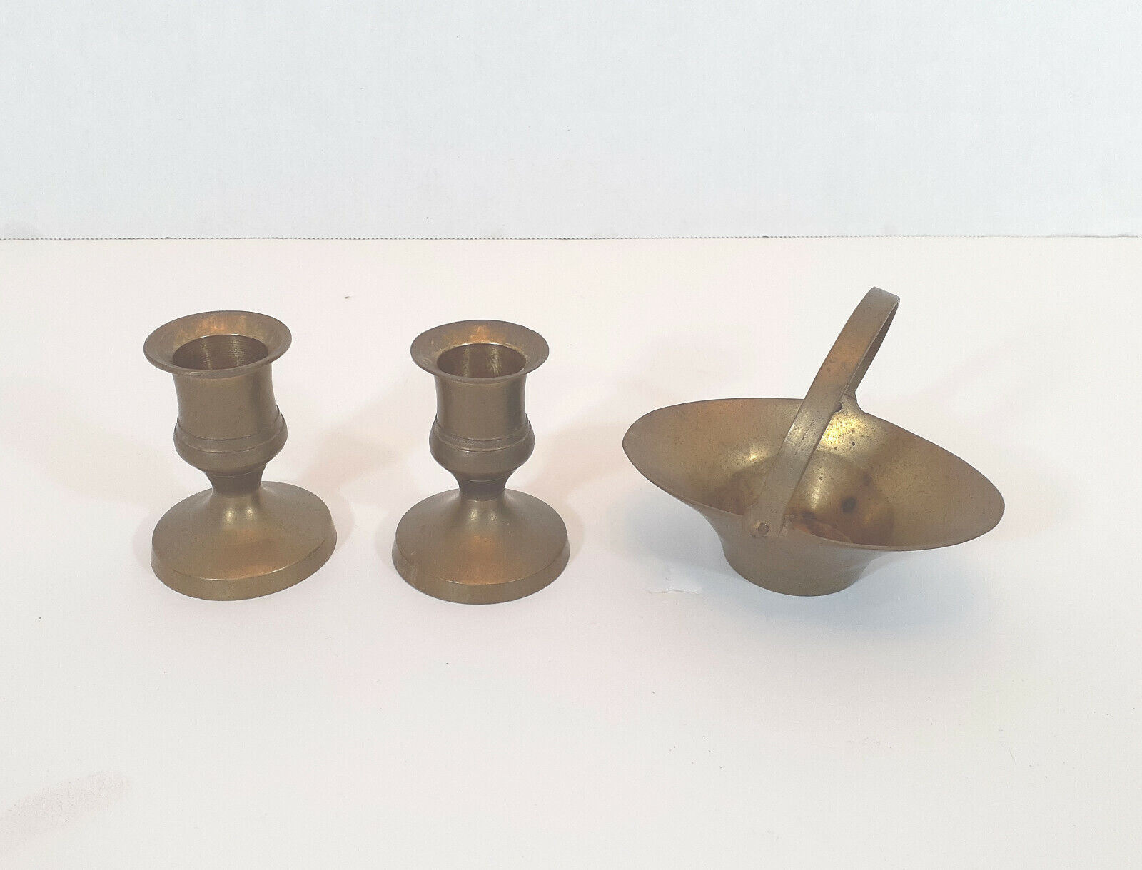 Vintage 2 Small Solid Brass Candlestick Holders and Brass Basket Made In India