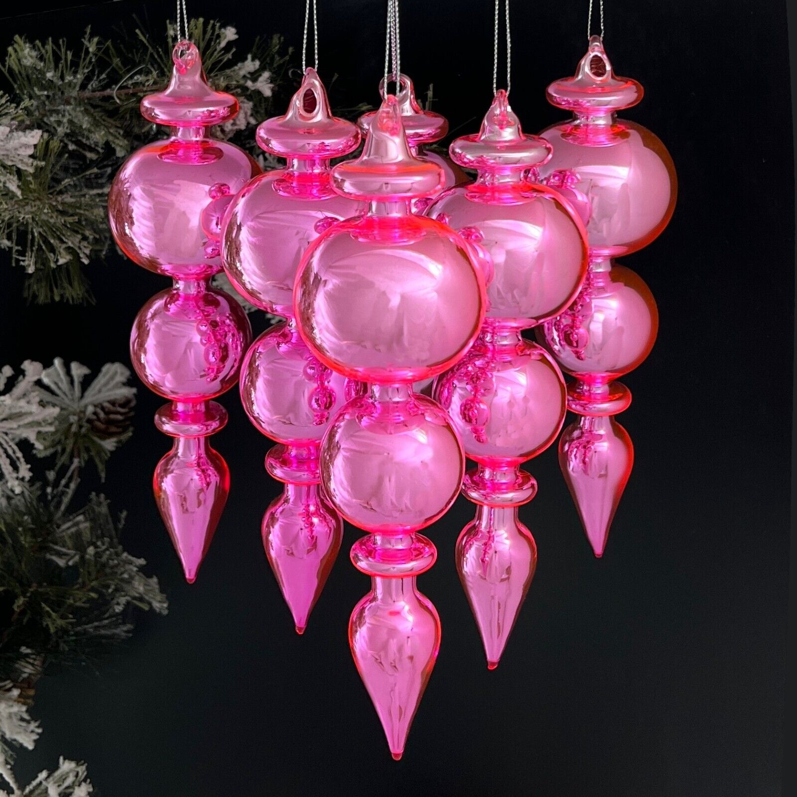 Set of Six Hand Blown Glass Finials, Extreme Pink Christmas Ornaments