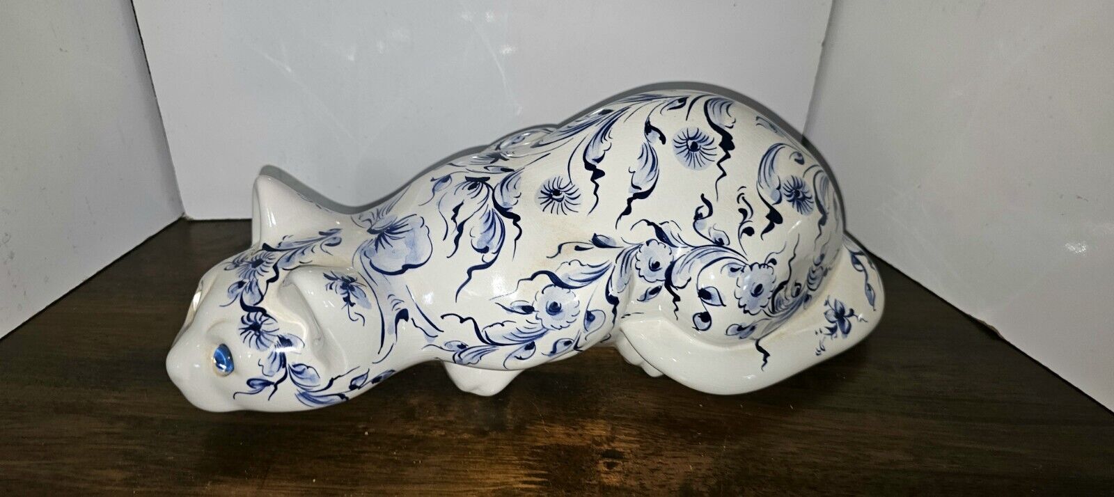 Vintage Ceramic ELPA Alcobaca Cat Blue Floral w Glass Eyes Made In Portugal