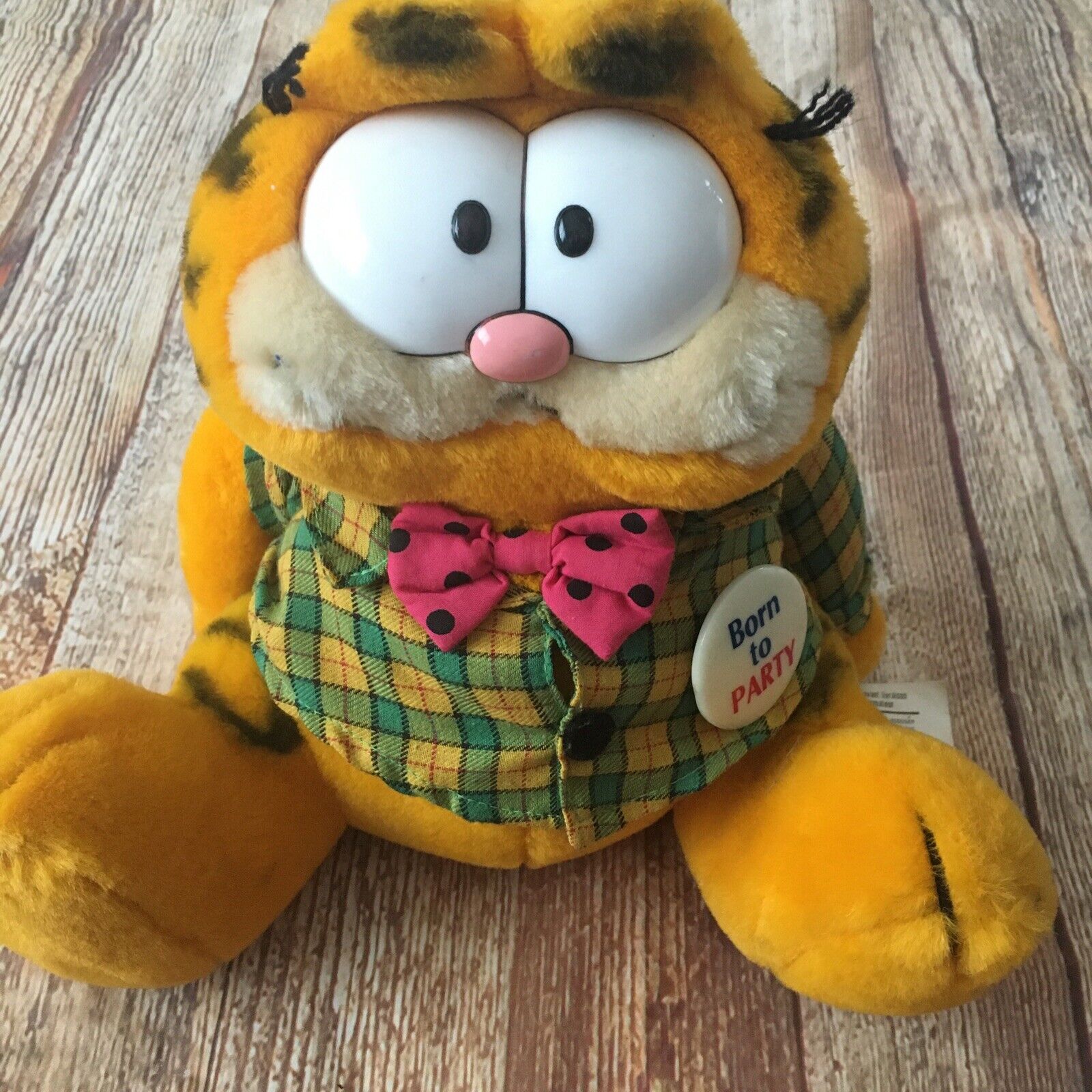 Dakin GARFIELD Born to Party Plaid Shirt 1978 1981 Plush Orange Tabby Cat Button