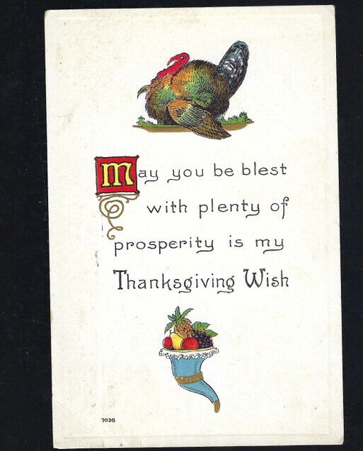 c.1913 Thanksgiving Wish Prosperity Cornucopia Turkey Greetings Bergman Postcard