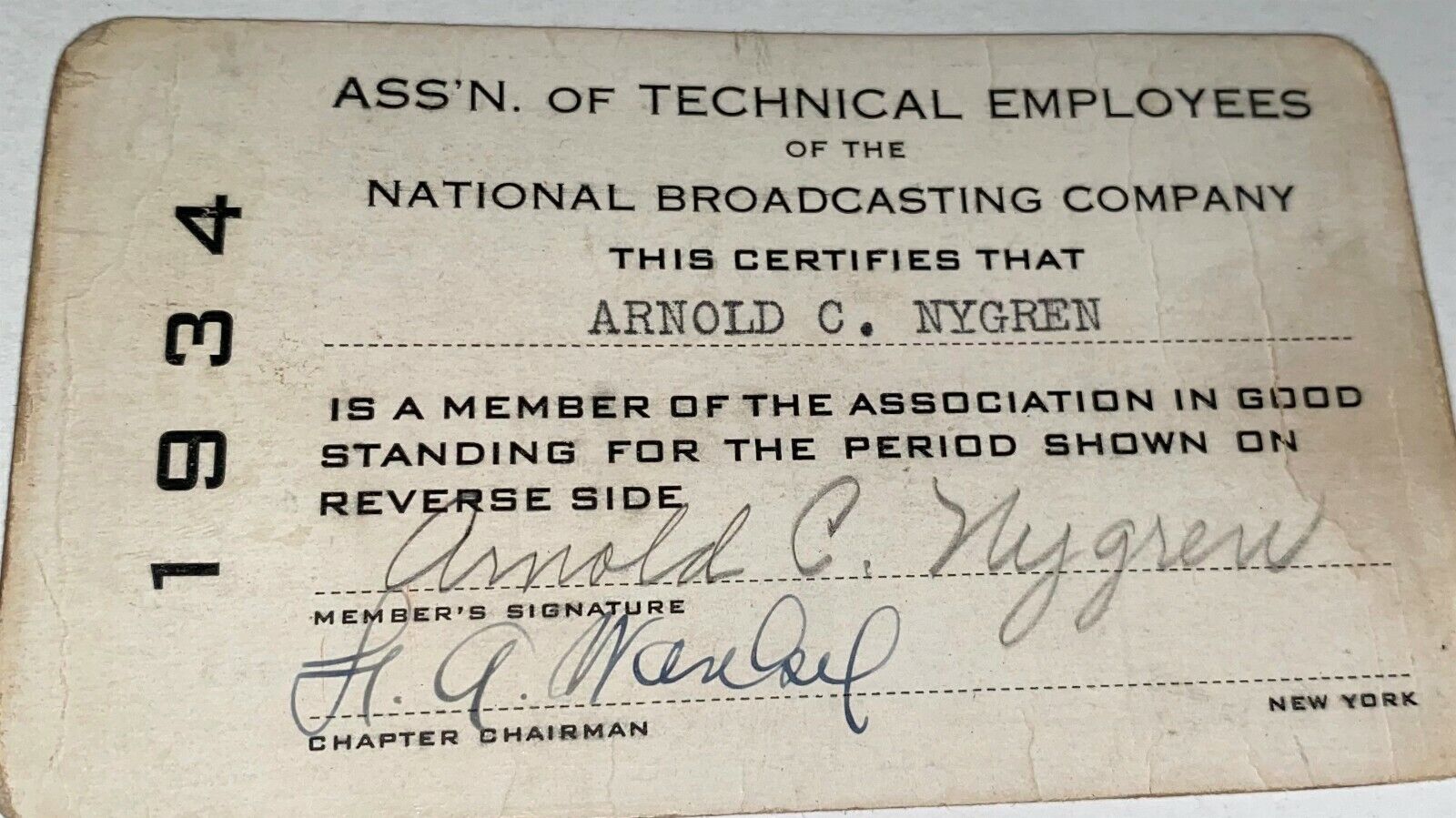 Rare Pre-WWII NBC Entertainment Engineer Employee Arnold Nygren Card NY C.1934