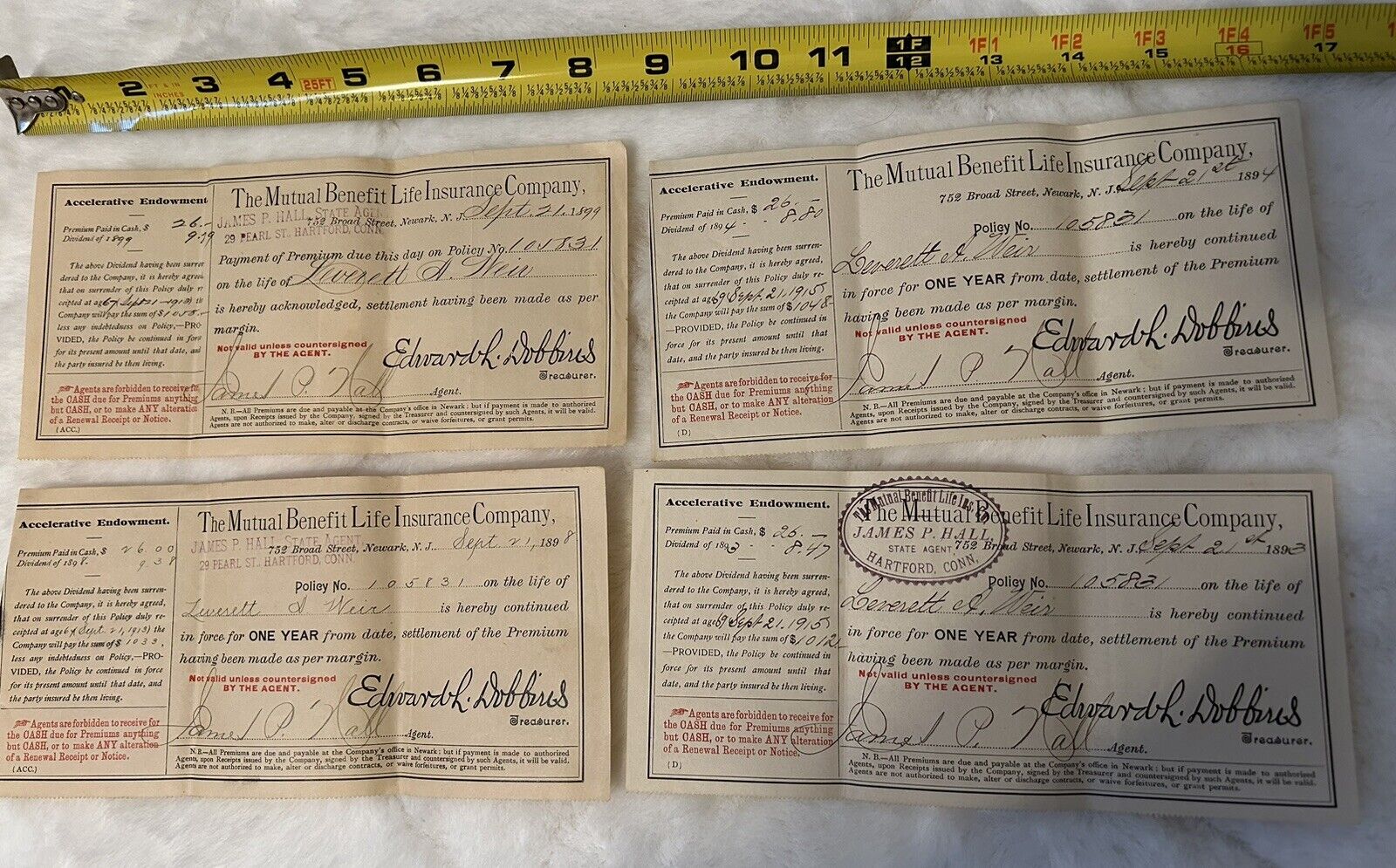 Antique Mutual Benefit Life Insurance Company 1894 Receipts