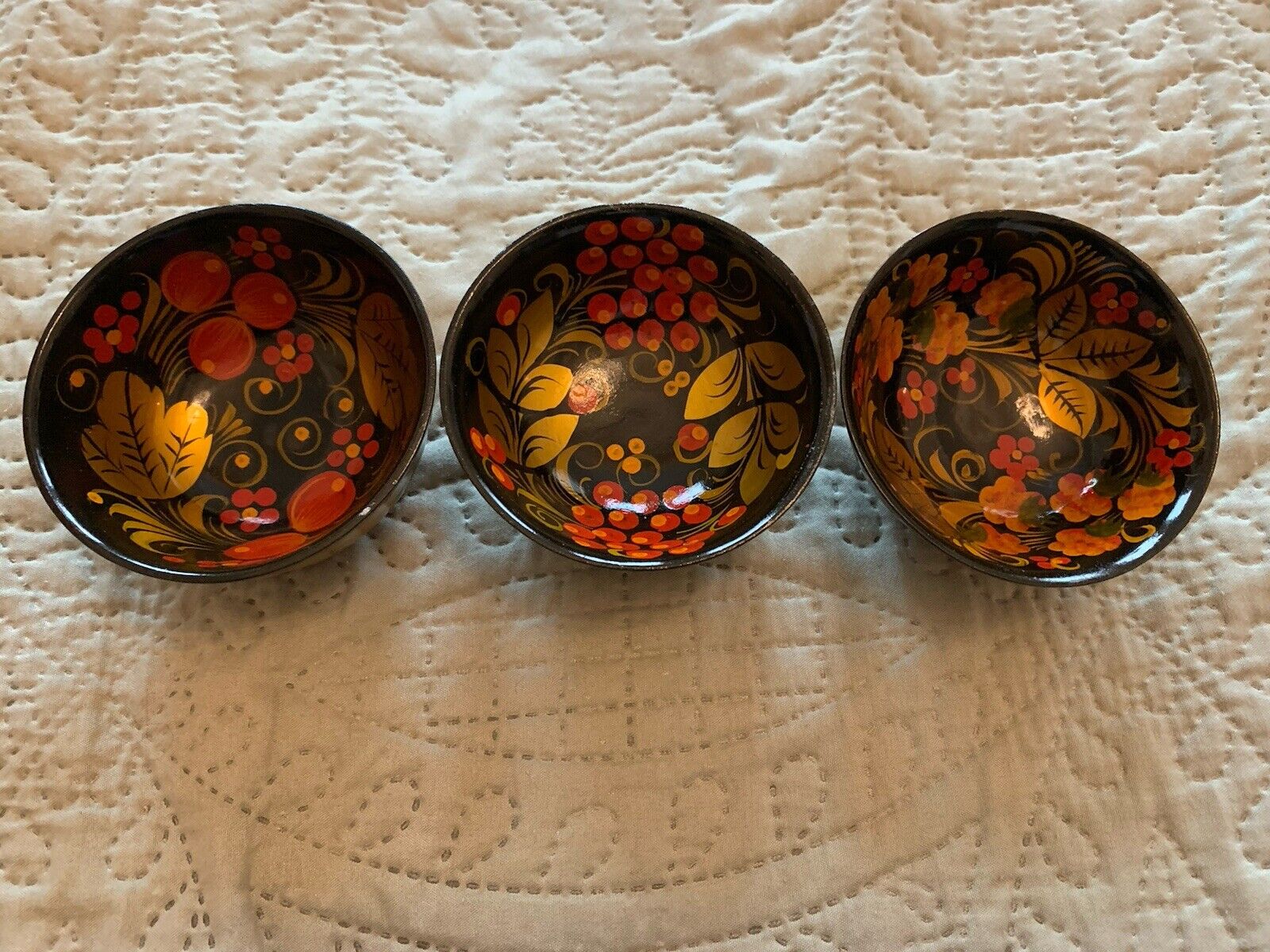 Russian/USSR Set Of 3 Wooden Hand Painted Trinket Dishes - Vintage Lacquer Ware