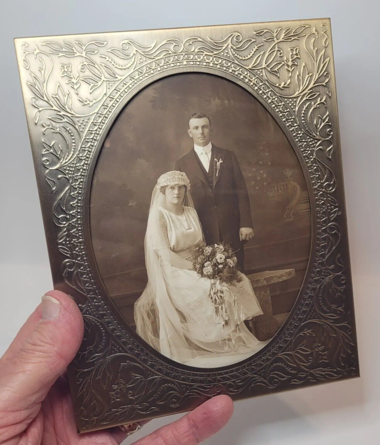 Vtg 1920\'s Wedding Photo Bride & Groom Oval Wire Glasses Period Dress Headpiece