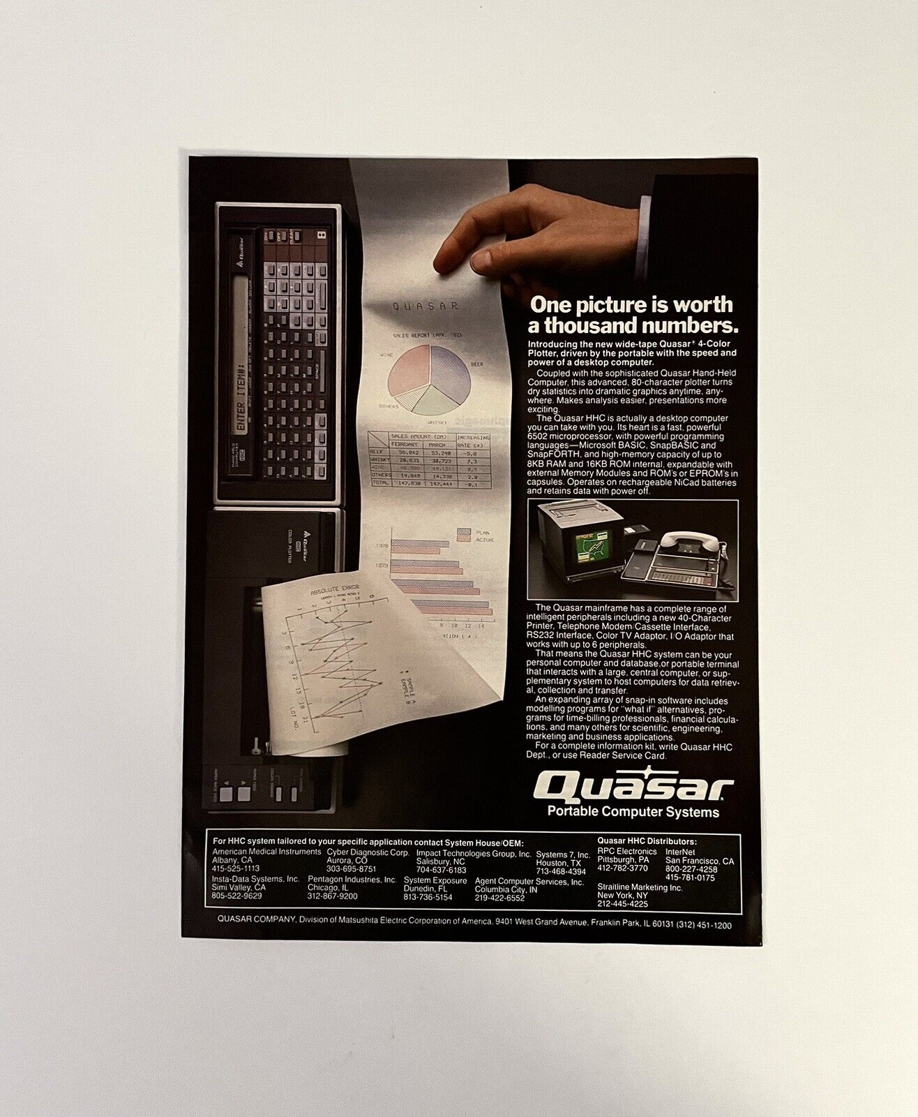 Vintage 1982 Quasar Portable Computing Systems HHC Handheld Computer Print Ad