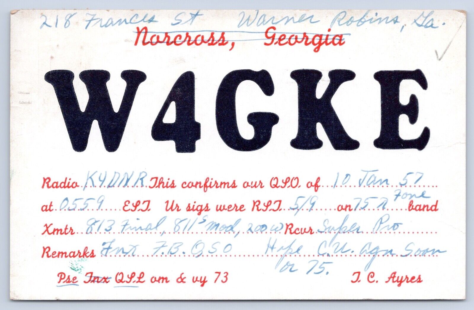QSL CB Ham Radio Card W4GKE Warner Robins Georgia Vtg Peach County GA 1957 Card