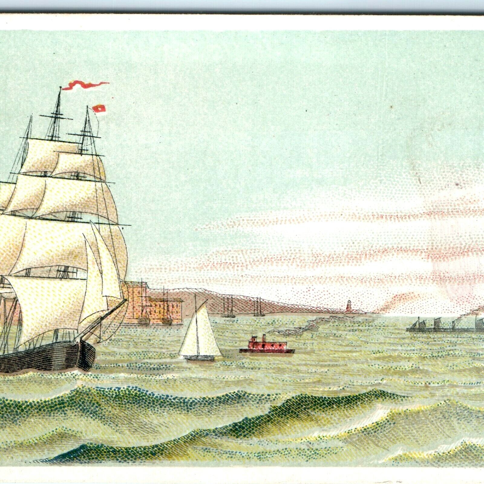 c1880s Barque Sail Boat Vessel Mast & Small Steamboats Trade Card Ship Ocean C30