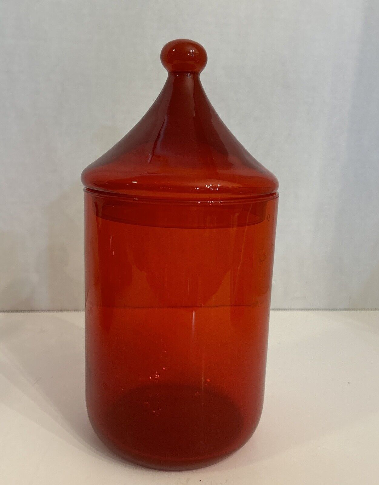 Vintage Mid Century Modern MCM 9.75” Red Orange Glass Apothecary Jar Lidded