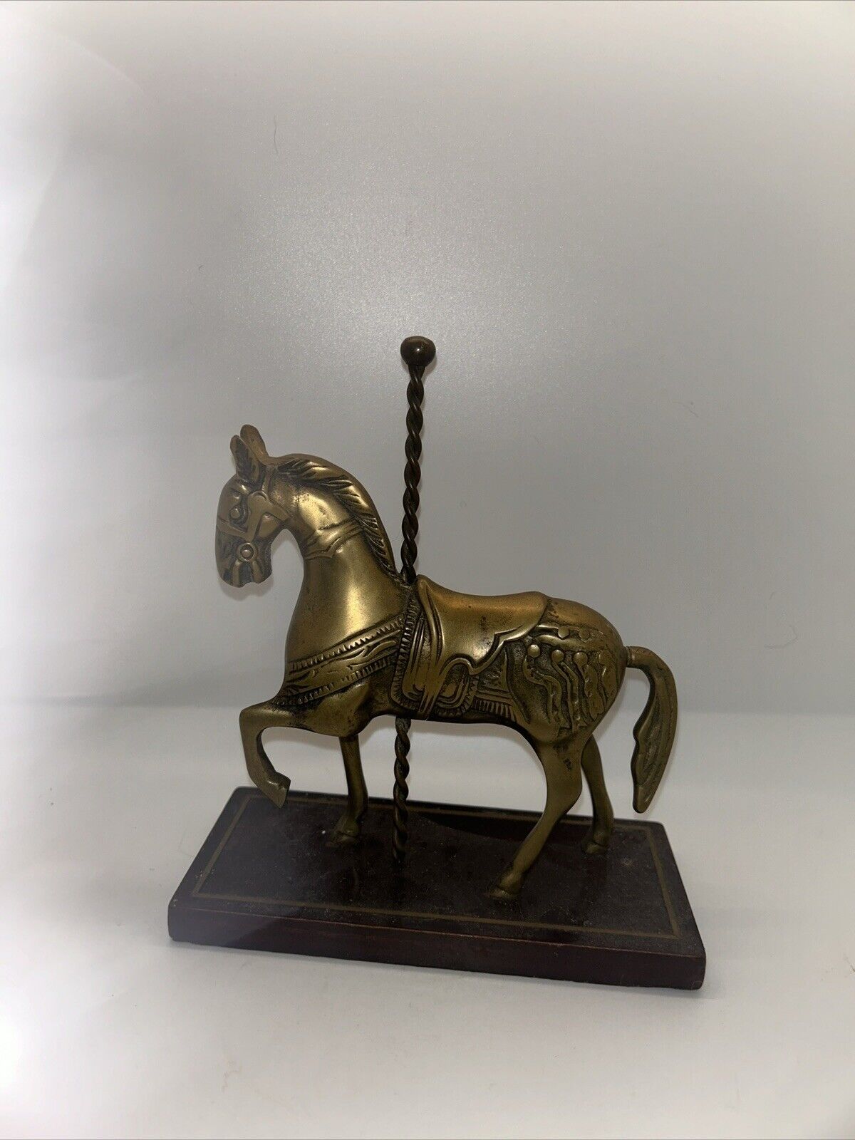 VTG Brass Carousel Horse Figurine Solid Wooden Base Brass Horse Statue 7” X 9”