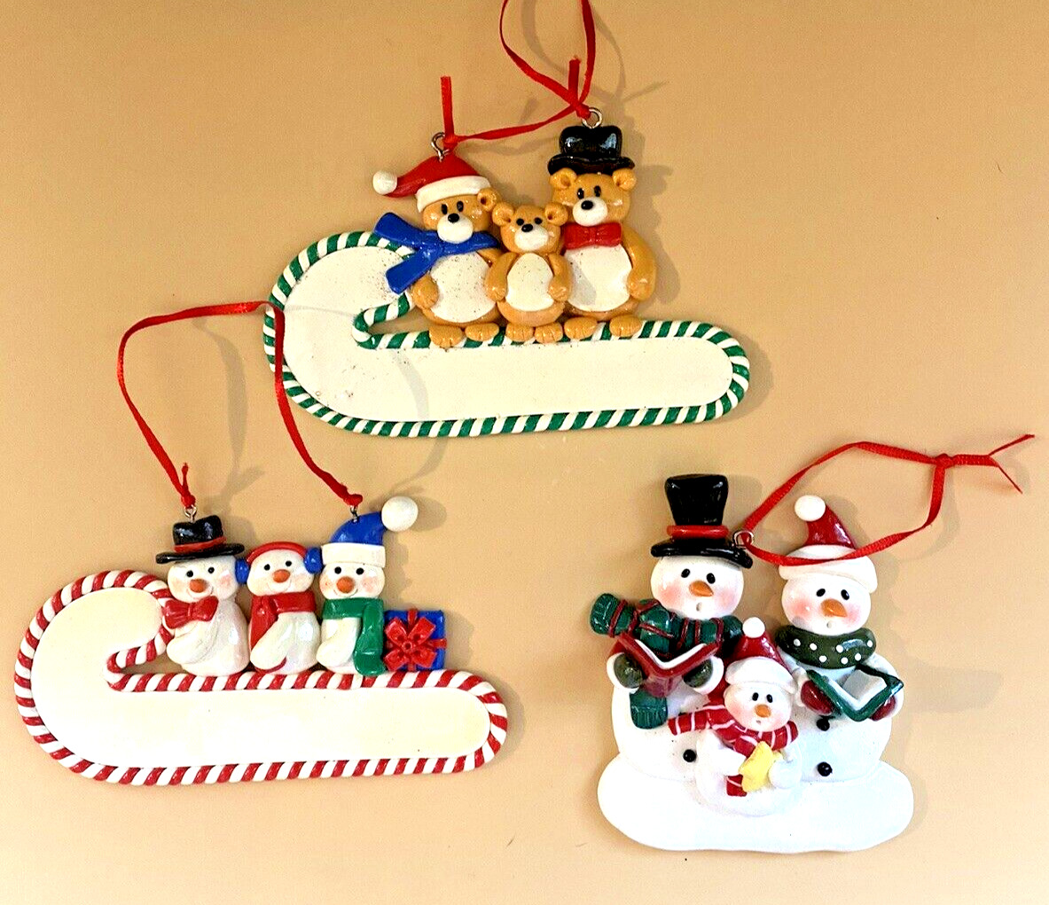 (3) Customized Family Christmas Ornaments (3 persons) Snowmen Teddy Bears READ