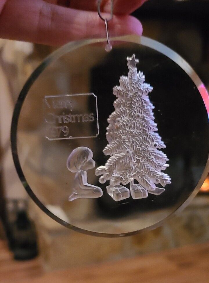 Vintage Merry Christmas 1979 Christmas Ornament Boy by Tree Acrylic Clear 3.25” 