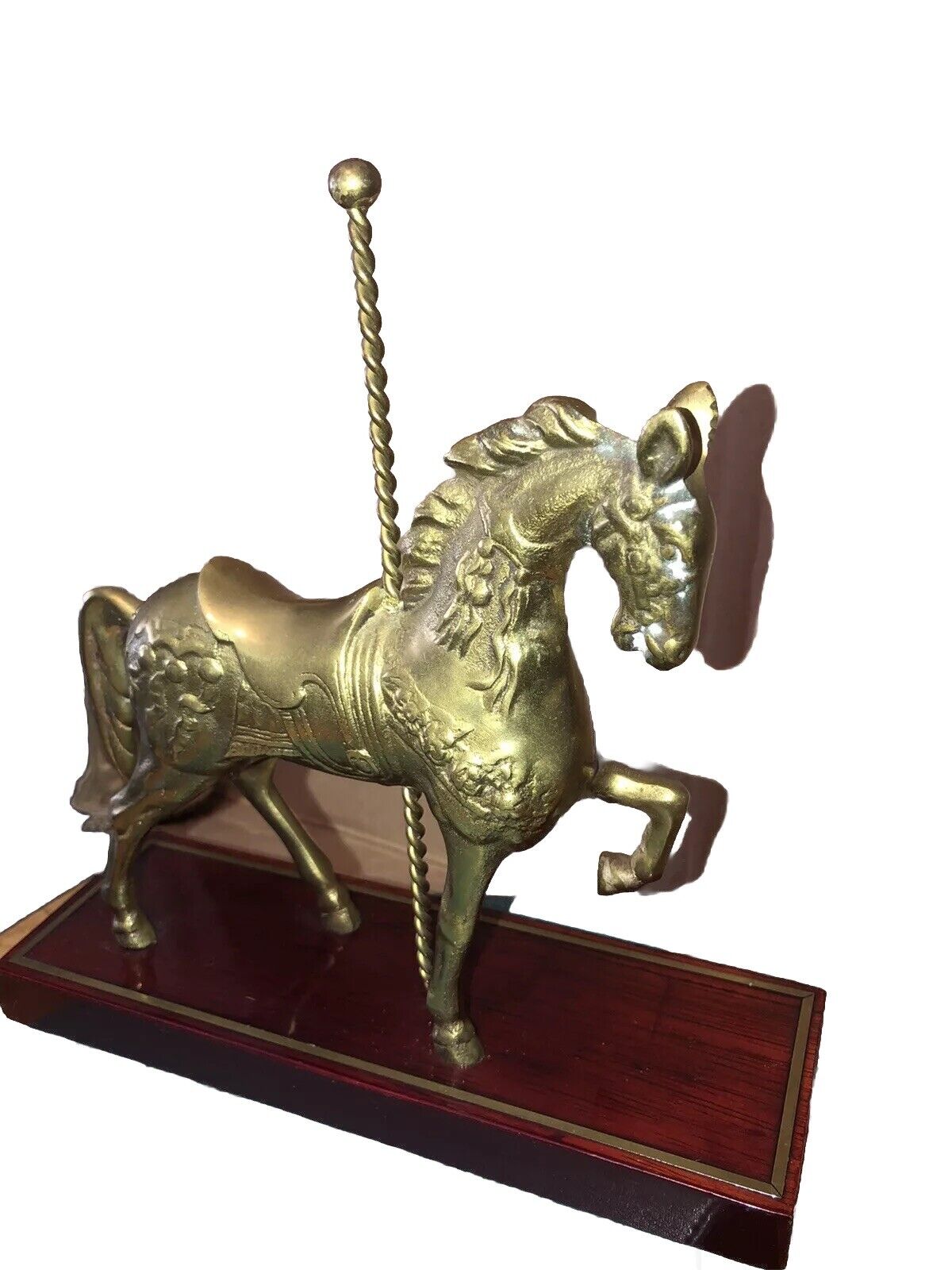 VINTAGE 9“ X 9“ Brass With Wood Base Carousel Horse Figurine Regal ￼fun