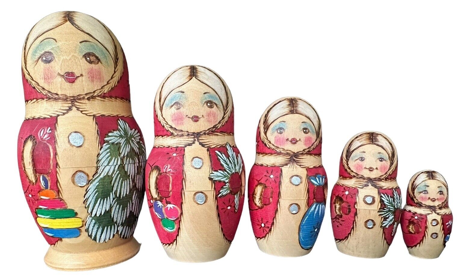 VTG Wood Hand Painted & Signed 5 Piece Russian Nesting Dolls 4 1/2” Christmas