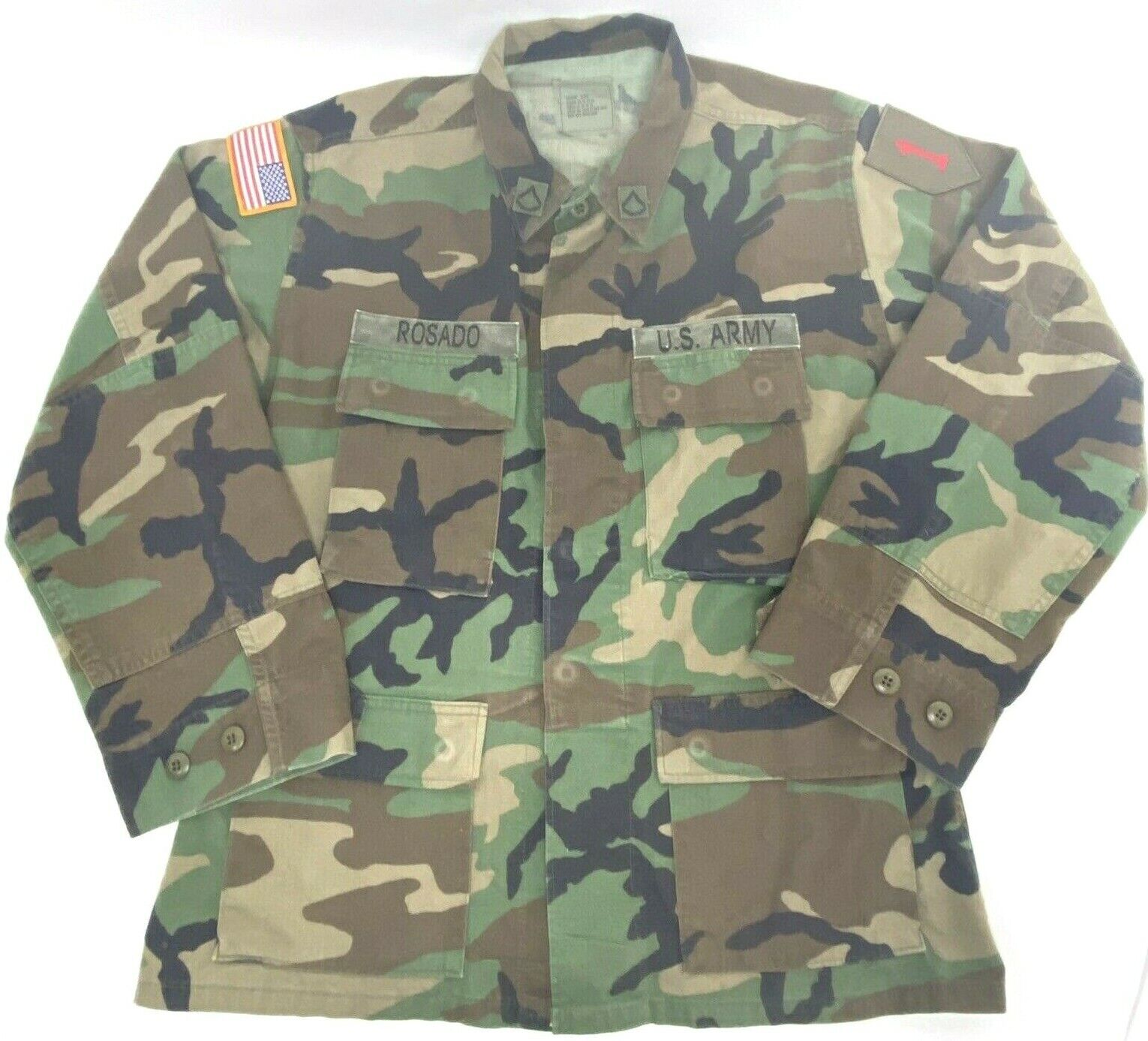 Vintage US ARMY Woodland Camouflage Field Coat Jacket Medium Short + PFC Patches