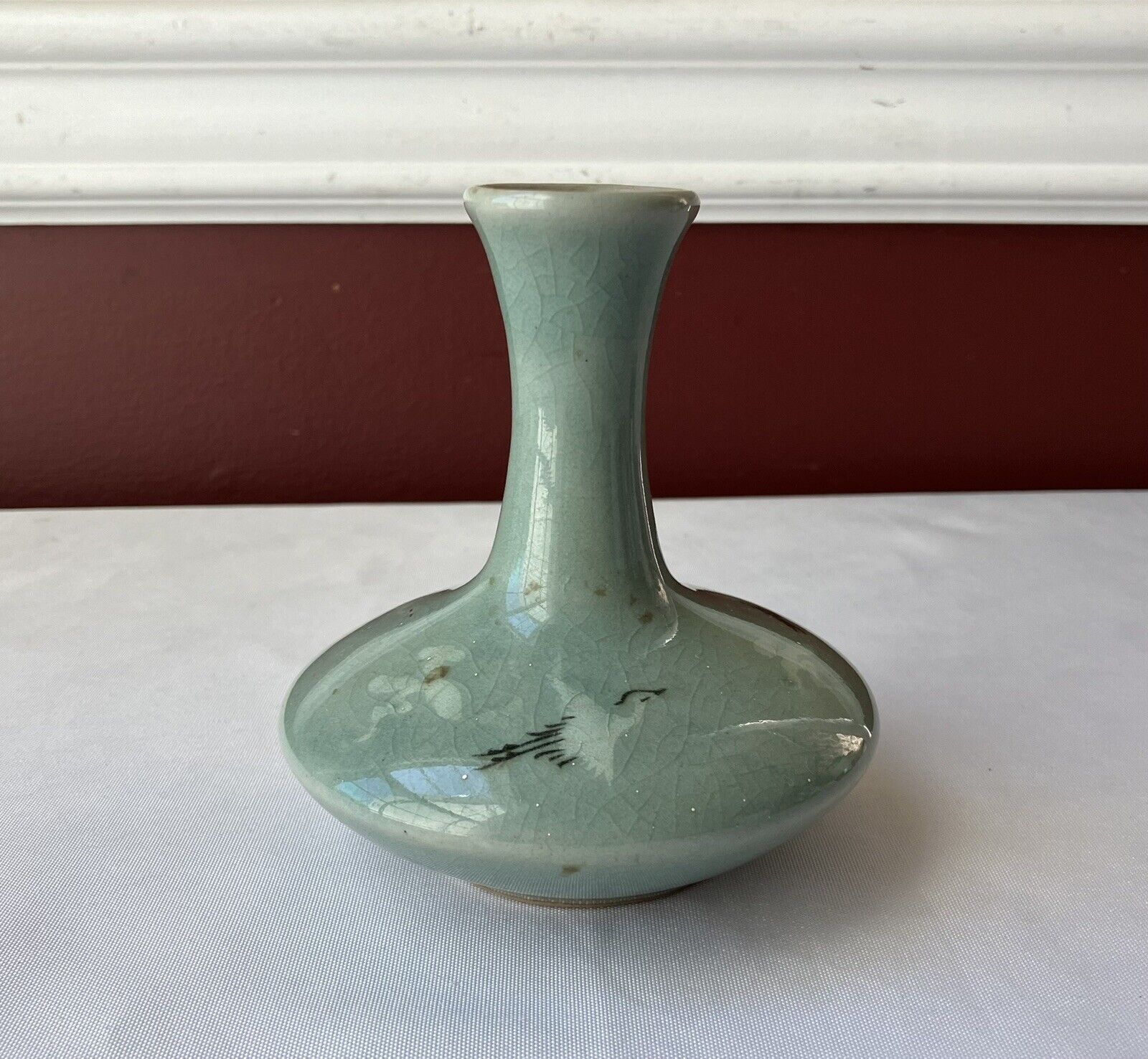 Antique Japanese Porcelain Celadon Bud Vase With Seabirds, 4\