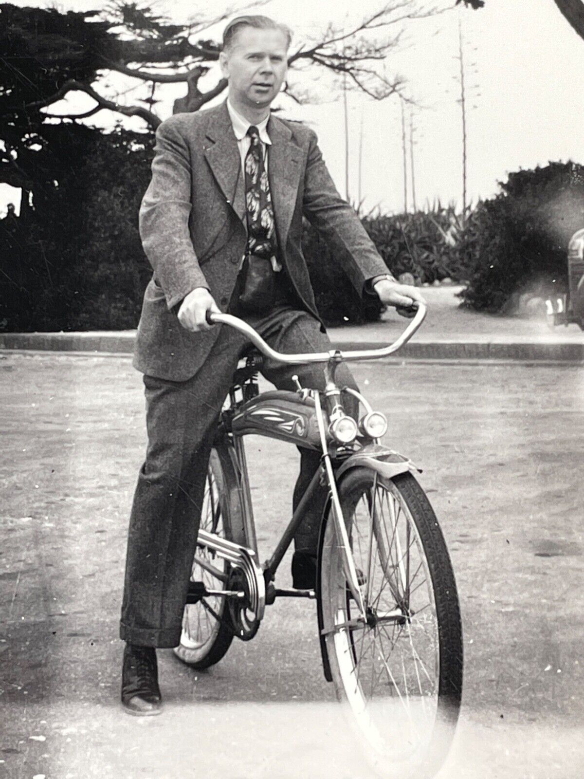 S5 Photograph Handsome Man Suit On Bicycle Pacific Grove California 1943