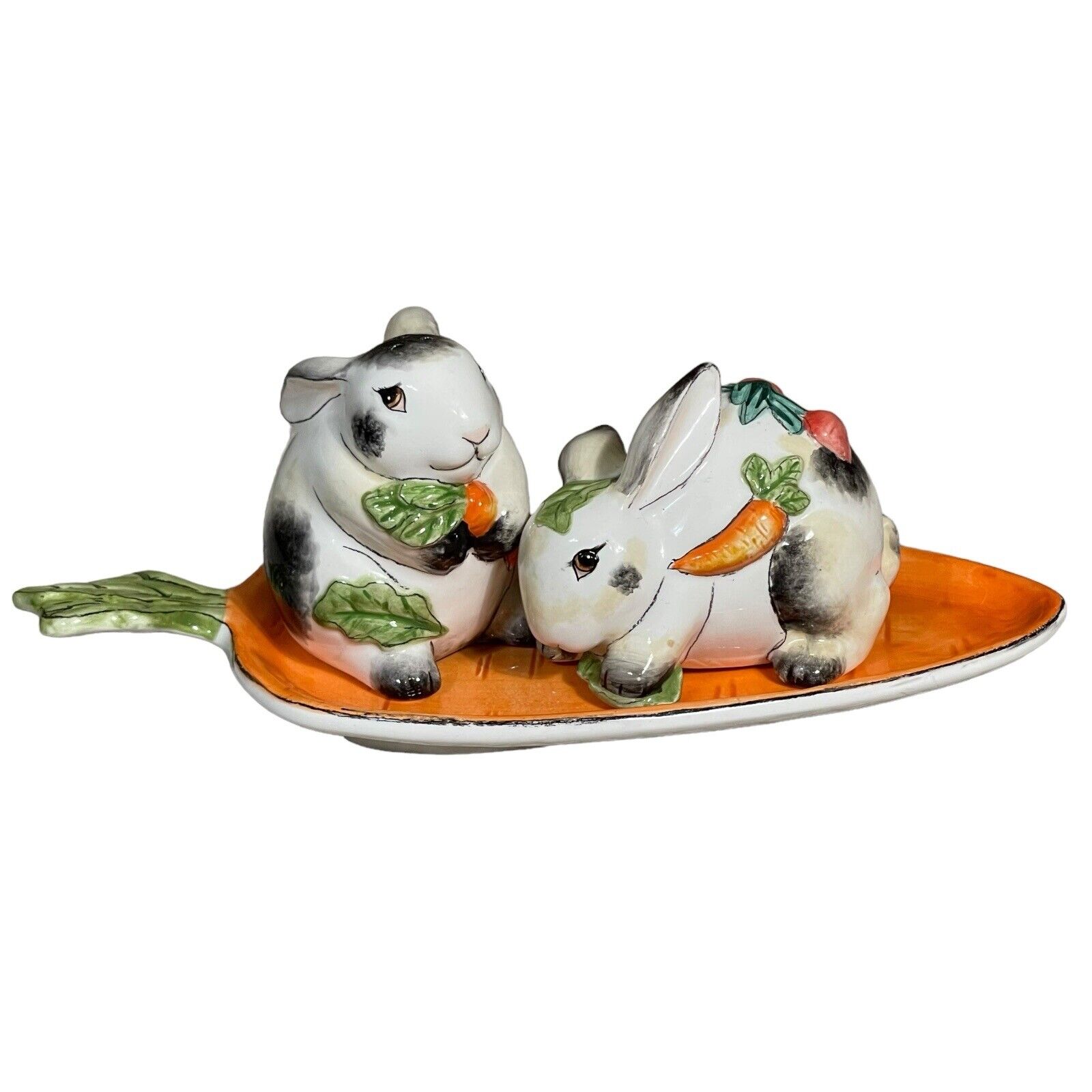 Fitz and Floyd Spotted Rabbit Set Salt & Pepper Shakers With Carrot Tray Easter