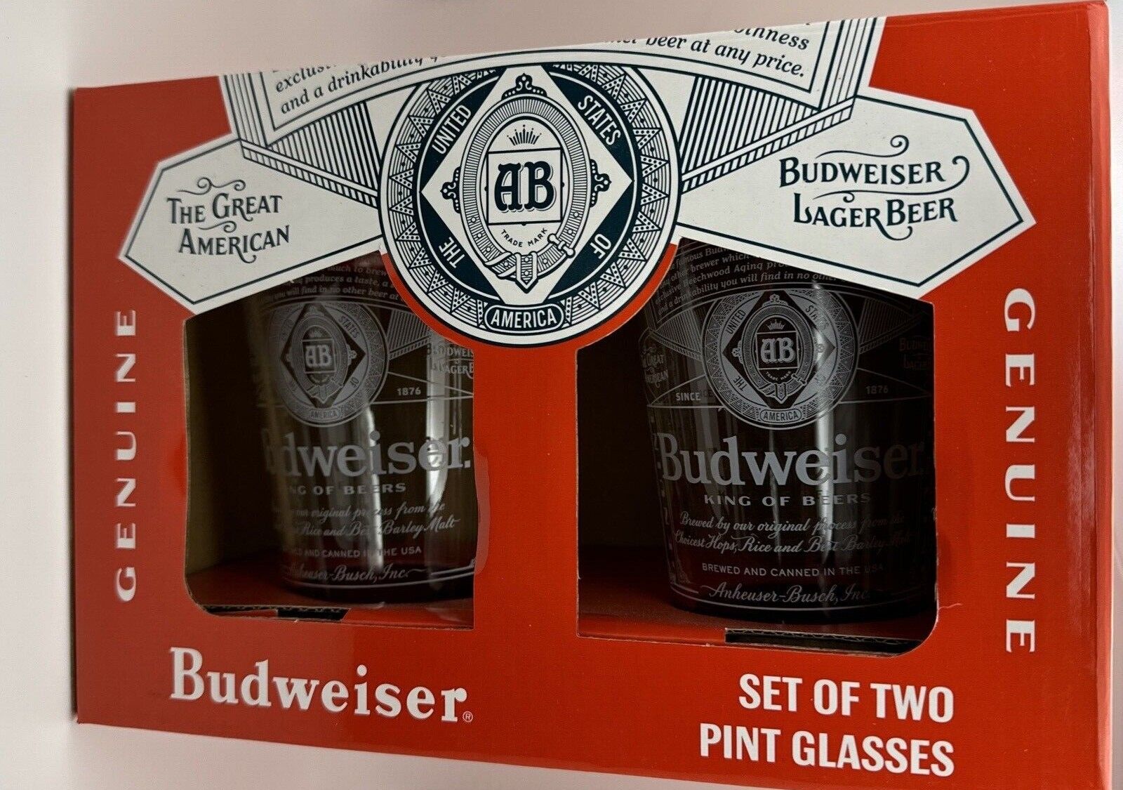 Budweiser Signature Pint Glasses 16oz Set of 2 NEW in box