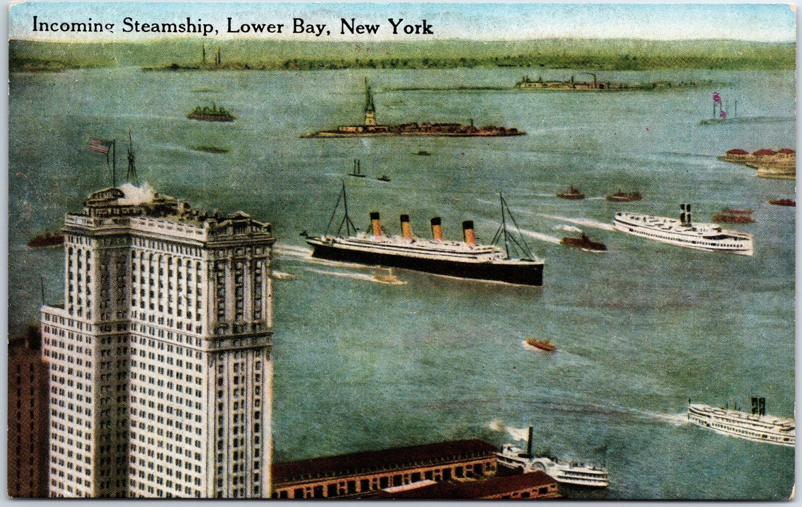 VINTAGE POSTCARD INCOMING STEAMSHIPS AT LOWER BAY MANHATTAN NEW YORK c. 1910s
