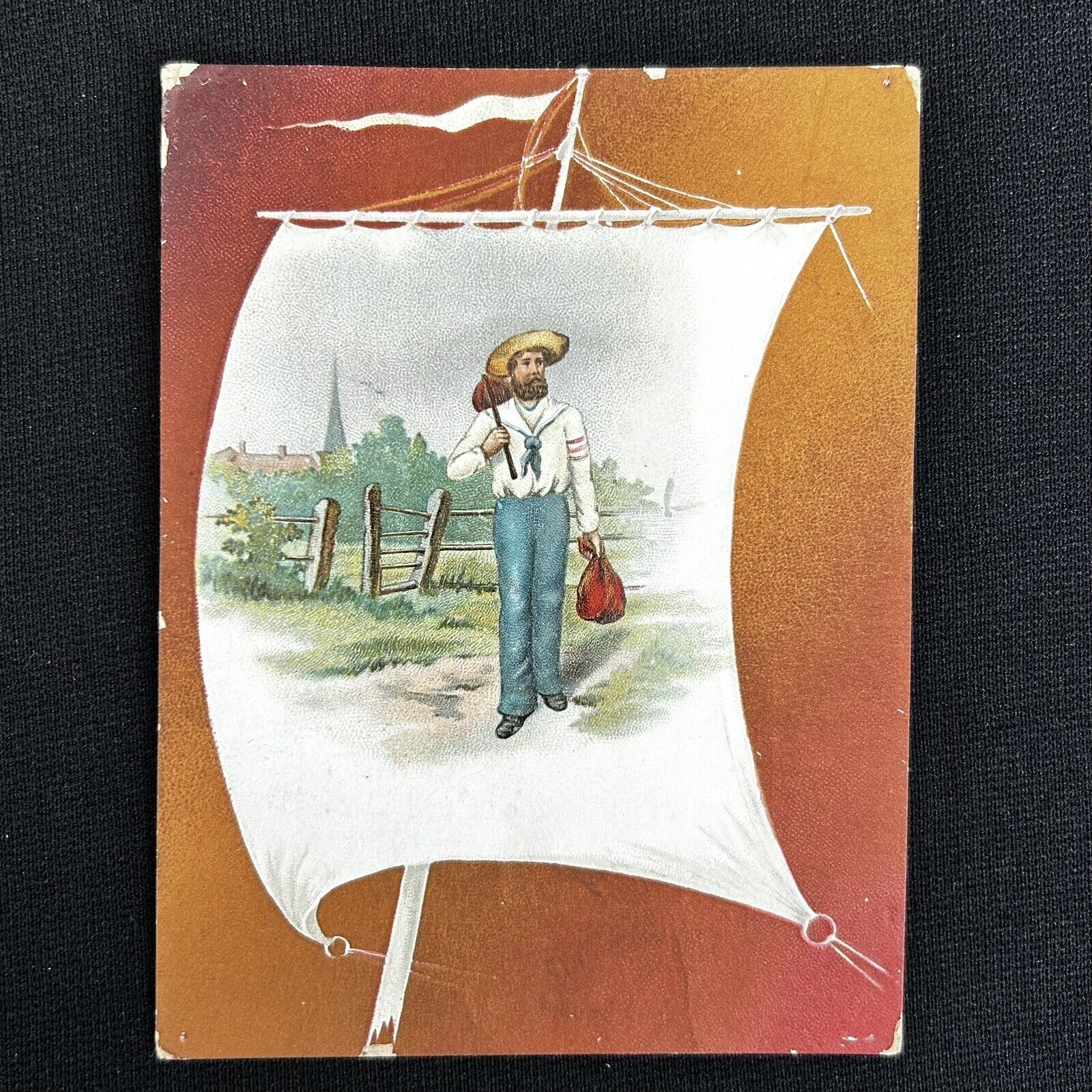 1880s Hatchet Baking Powder Trade Card Sailor Man Pictured on Sail, Embossed