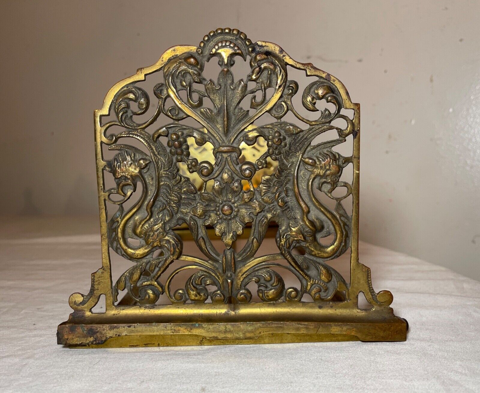 antique 1800's Victorian gilt bronze griffin expandable bookend book shelf caddy