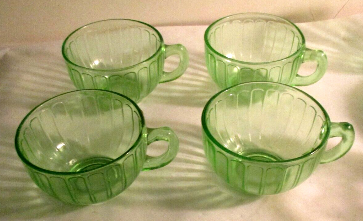 4 VINTAGE  RIBBON GREEN  DEPRESSION  GLASS CUPS  ALL IN PERFECT CONDITION