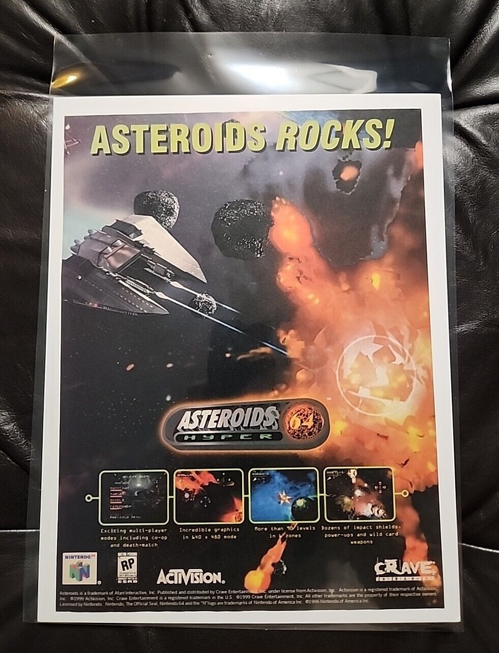 Vintage Asteroids Hyper 64 Nintendo N64 Print Ad Advertisement - Ready To Frame