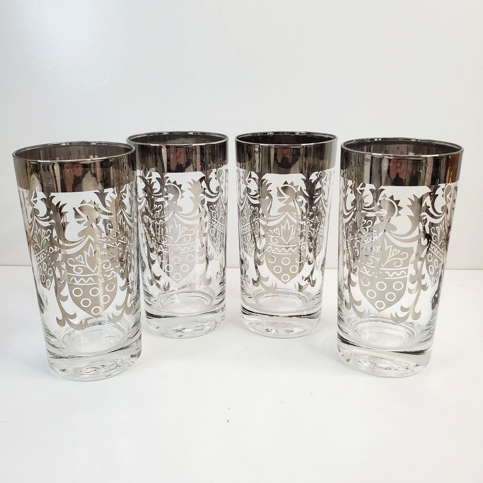 Vintage MCM Kimiko Silver Guardian Crest Cocktail Highball Glass Barware Knight