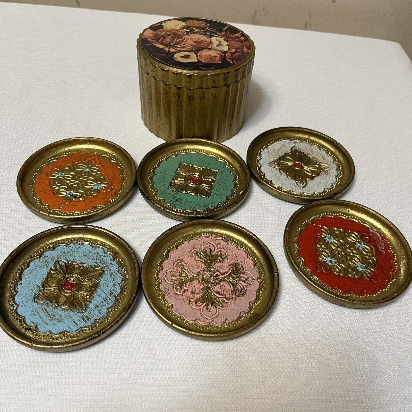7 Piece Vintage Italian Florentine Coaster Set Floral Ribbed Box Hand Painted