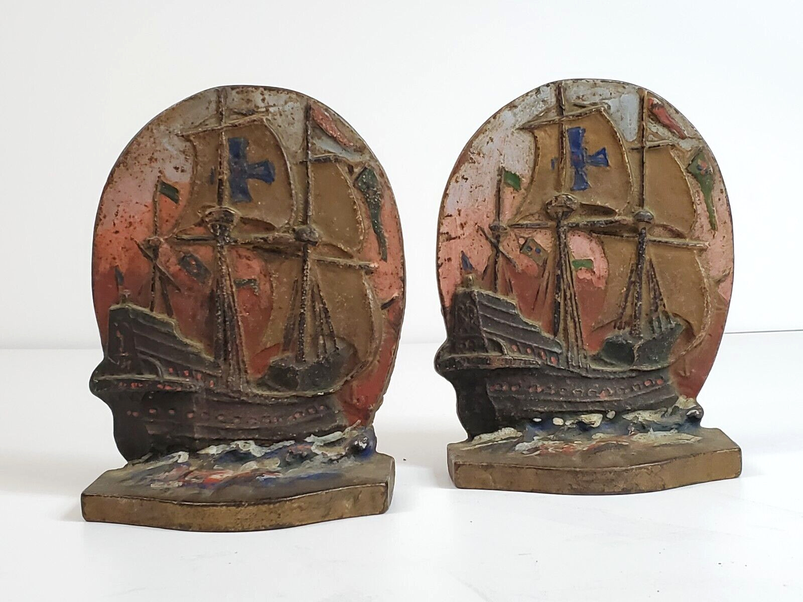 Cast Iron Vintage Pirate Ship Bookends Galleon Sailing Nautical Tall Sail Boat