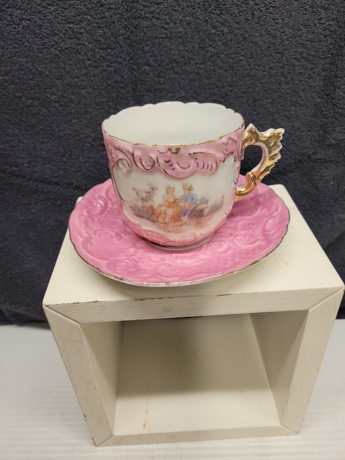 Germany Pink Gold Handle Courting Couple Teacup with Saucer 