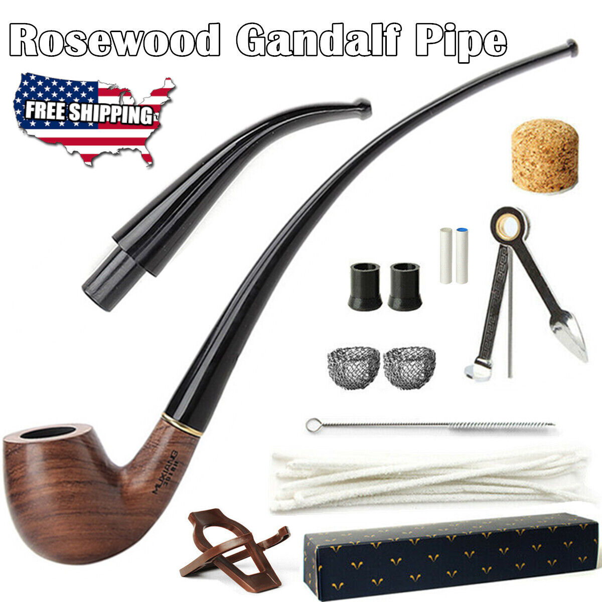 Rosewood Churchwarden Pipe Long Stem Classic Bent Tobacco Pipe With Accessories